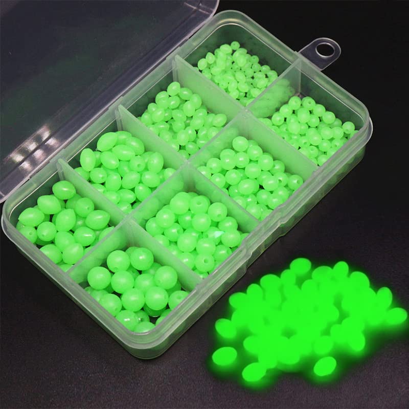YJIUYUANQ Fishing Beads Glow Soft Floating Green Luminous Beads Fishing Ball Floating Tools Fishing Tackle Rig,Mix Sizes with Box,500-PACK