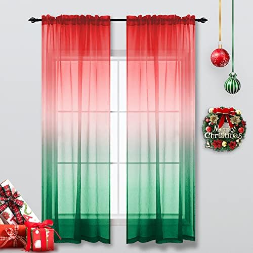 KOUFALL Holiday Decor Red and Green Window Treatments Set of 2 Panels Sheer Christmas Curtains & Drapes for Bedroom 63 Inch Length