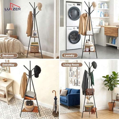 Image of Lukzer 6 Hook Coat Rack Stand with 2 Shelves | Metal Freestanding Coat & Hat Hanger Stand for Clothes, Bags & Umbrella | Space Saving Entryway Organizer for Home (Black Frame with Wooden Shelves)