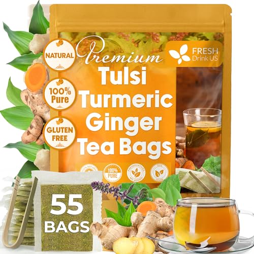Image of FreshDrinkUS, Premium 55 Tulsi Turmeric Ginger Tea Bags, 100% Natural & Pure from Tulsi Holy Basil Leaves, Turmeric and Ginger. Made with Natural Material Tea Bags. No Sugar, No Caffeine, Vegan.