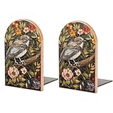 Heavy-Duty Wooden Bookends,Bird Perched on Branch Printed Non-Slip Desktop Bookends for Home Office Library School