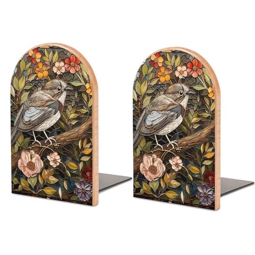 Heavy-Duty Wooden Bookends,Bird Perched on Branch Printed Non-Slip Desktop Bookends for Home Office Library School