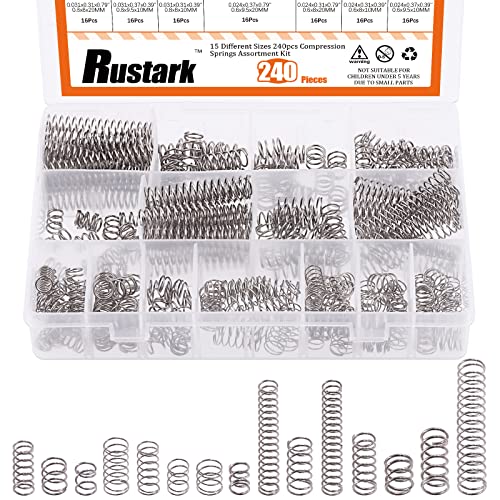 Rustark Kleine Druckfedern, Edelstahl, mechanische Federn, Sortiment, 14 verschiedene Größen, 8 mm, 9,5 mm Außendurchmesser, 10 mm, 20 mm, 50 mm, L, 240 Stück