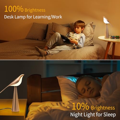 Xhope4u Small Desk Lamp, Bird Lamp, 10 Level Dimmable Brightness Bedside Night Light, Bedroom Table Lamp for Dorm, Office, Gifts, Reading, 3 Colors, Metal Finish, Gold, 360° Rotation — view 6