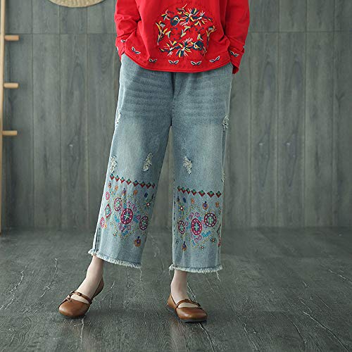 Jeans large brodé femme taille haute idéal pour les sorties