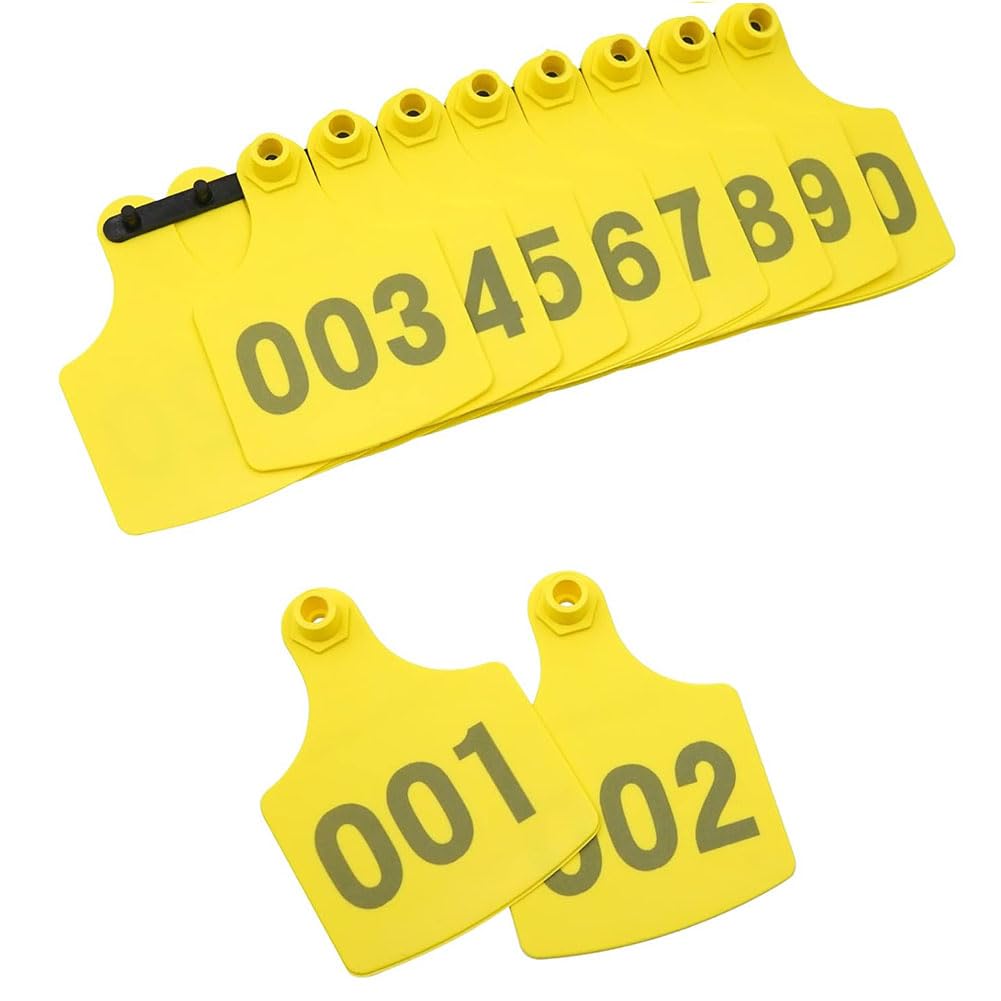 Plastikowe nauszniki dla zwierząt gospodarskich, plastikowe zawieszki do uszu dla bydła 60 x 75 mm, wielokolorowe, numerowane od 001 do 2000, opakowanie 100 (żółty, 001-100)