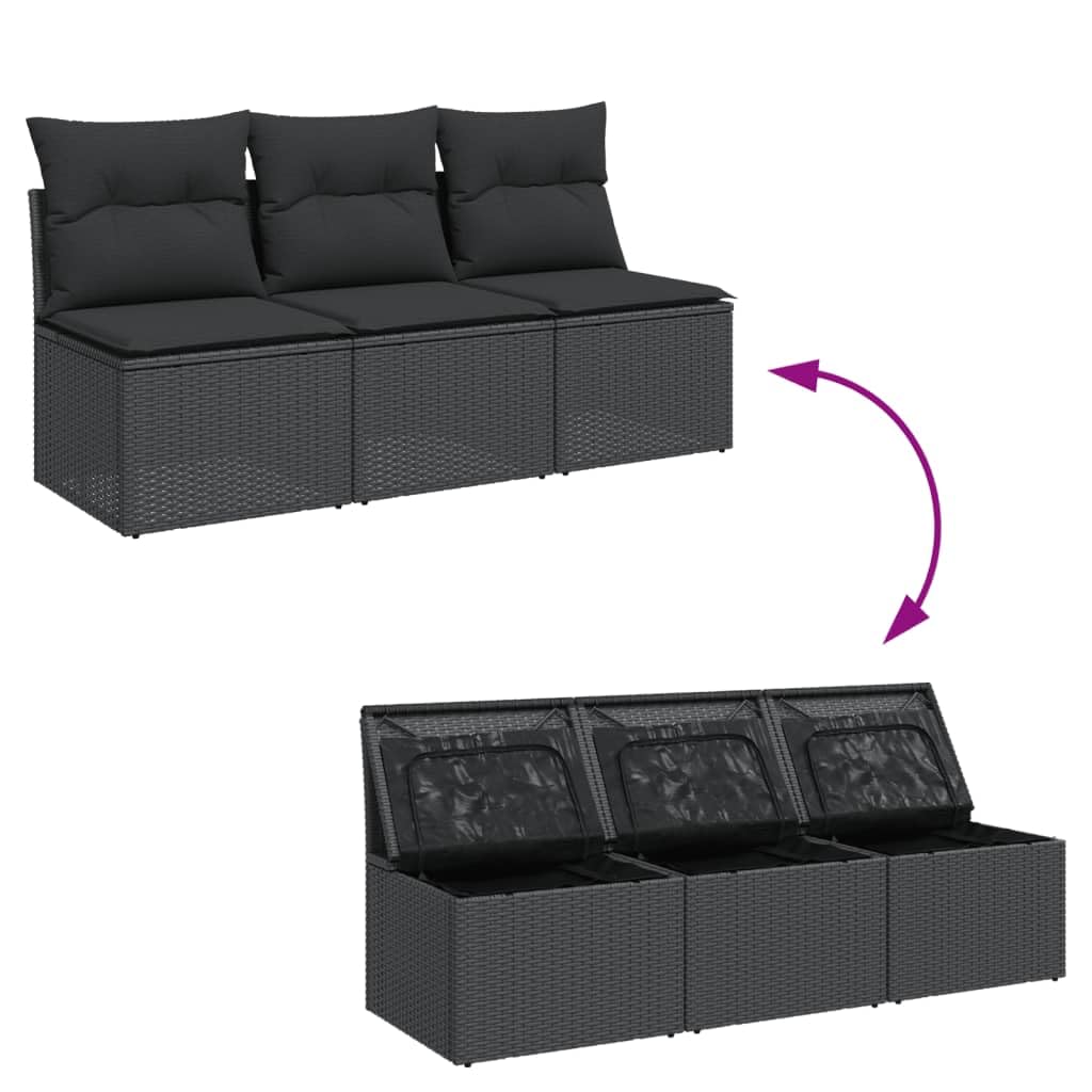 Divano da Giardino a 3 Posti con Cuscini Nero in Polyrattan,Divano Giardino,Divano Giardino Esterno,Divano Giardino per Esterno-365988