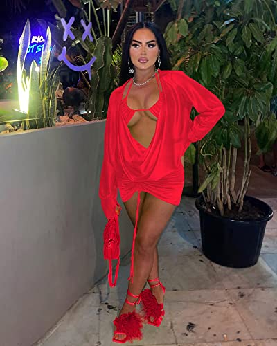 Image of Women's Sexy Long Sleeve Two 2 Pieces Outfits Sheer Mesh Mini Dress Skirt Set Top V Neck Backless Ruched Bodycon Cover Up