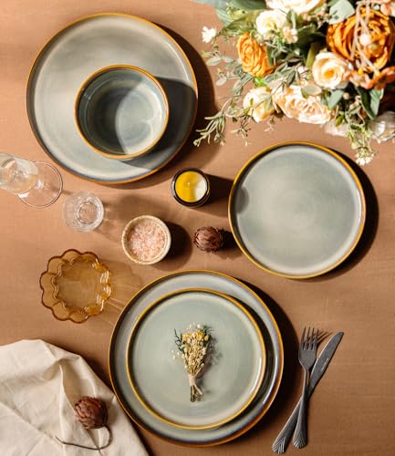 Image of Ceramic Dinnerware Sets for 8, 24 Pieces Handmade Reactive Glaze Plates and Bowls Set, Scratch Resistant Dish Set, Oven & Microwave & Dishwasher Safe, Dusk Blue