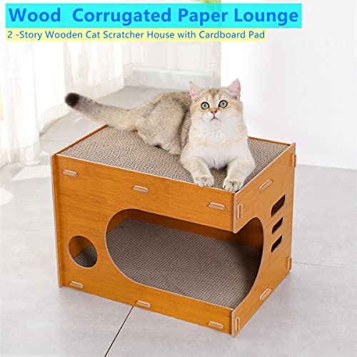 Xshnuo Cat Scratcher Lounge Bed, 2 -Story Wooden Cat Scratcher House With Cardboard Pad, Double Layer Cat Home For Multi Cats Family As Furniture Protector Training Toy (Cat House) #TOP3