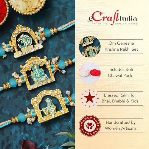 Image of eCraftIndia Set of 3 Om Ganesha Krishna Designer Rakhis | Best Bro Ever Fridge Magnet | Roli Chawal Pack | Rakhi for Brother Bhaiya Bhai Bhabhi Kids