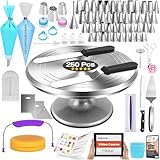 RFAQK 250 PCs Professional Cake Decorating Kit Supplies - Aluminum Alloy Cake Turntable 12" with 48 Numbered Icing Nozzles and Piping Bags,Ebook,Cake Leveler Straight-Angled Spatula, Baking Supplies