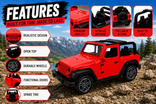 Image of Braintastic Model Diecast Car Toy Vehicle Pull Back Friction with Openable Doors Light & Music Toys for Kids Age 3+ Years (Thar Jeep Small Red)