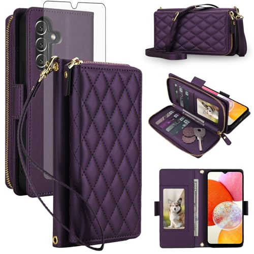 Compatible with Samsung Galaxy A14/M14 5G Wallet Case Zipper RFID Blocking and Screen Protector Crossbody Lanyard Strap Flip Card Holder Slots A 14 4G 14A 14M G5 Phone Cover for Women Men Dark Purple