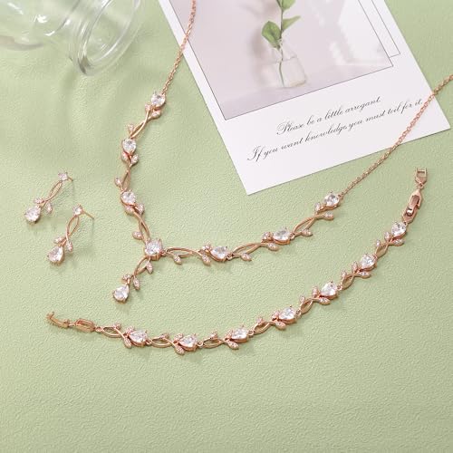 EVER FAITH Wedding Jewelry Set for Bride Bridesmaid, Rose Gold-Plated-Brass White Teardrop Cubic Zirconia Leaf Vine Bridal Prom Necklace Dangle Earrings Bracelet Sets for Women - Thumbnail 5