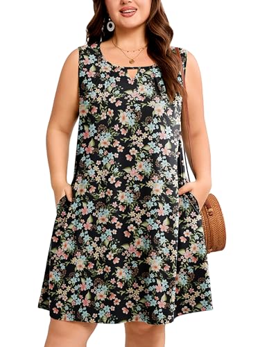 Image of AusLook Plus Size Summer Midi Dress for Women Sleeveless Casual A Line Swing Dress with Pockets Keyhole Neck Beach 1X-5X