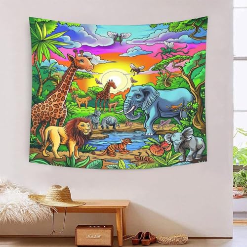 Tapisserie murale animaux de la jungle 3D tissu 180x230cm grand format pour decoration chambre