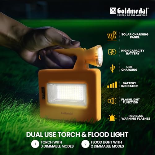 Image of Goldmedal Trippo 10W LED Solar Rechargeable Flood Light with Torch | IP54 Protection | Cool Daylight (6500K) with Red & Blue Light | 750 Lumens | 3 Lighting Modes | Monocrystalline Solar Panel