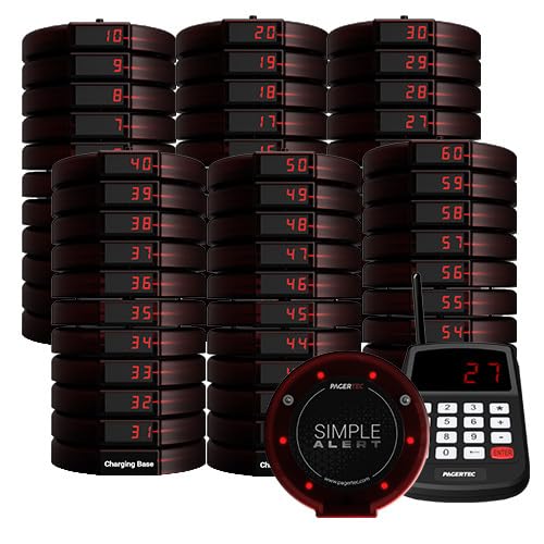 PagerTec Wireless Simple Alert Coaster Paging System Customer Service Calling Pagers for Restaurants, Hospitals, Office & Hotels | Rechargeable | Long Range Pagers (Set of 60)