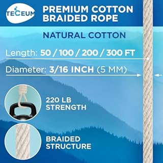 TECEUM 500lb Cotton Rope 3/16” (5 mm) – 50 FT | 100 FT– Strong All-Purpose Braided Rope – Natural Cotton – for Crafting, Сamping, Clothes Line, DIY, Indoor & Outdoor Use – Natural