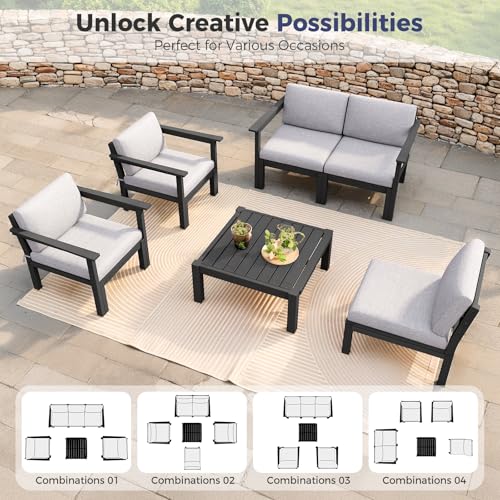 Image of Modular Outdoor Patio Conversation Set, 6-Piece HIPS Sectional Sofa with Coffee Table & Thick Cushions- Side Interlock & Detachable Armrest, All-Weather Patio Furniture Set for Backyard,Deck,Poolside