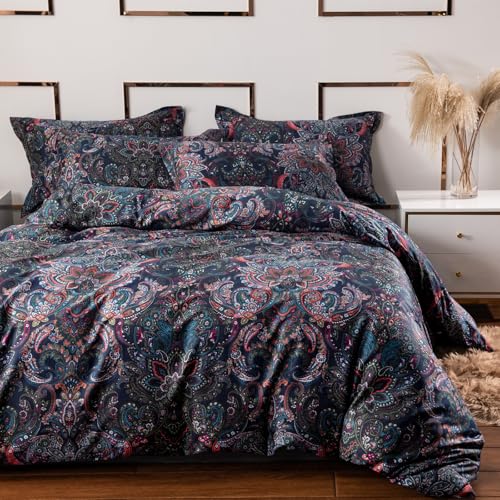 VM VOUGEMARKET Retro Paisley Duvet Cover Queen Size Boho Damask Duvet Cover Sets 100% Brushed Cotton Bedding Set,1 Duvet Cover and 2 Pillow Shams for All Seasons-Stormy Blue