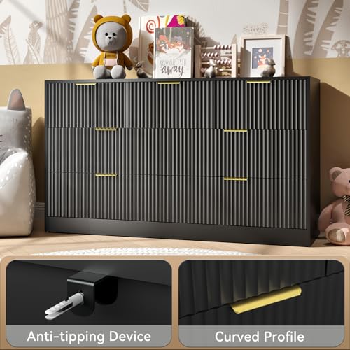Image of Black Dresser with 7 Drawer - 55 inch Wide Fluted Dresser for Bedroom with Metal Handle, Chest of Drawer, Wood TV Stand for Bedroom, Living Room, Black