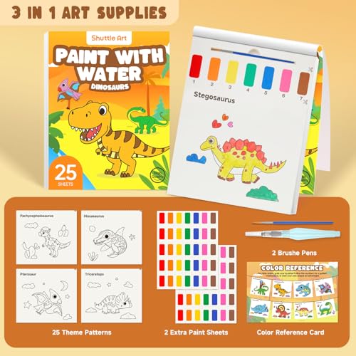 Image of Shuttle Art Paint with Water Coloring Book for Kids, 25 Dinosaur Themed Pages with 2 Brushes, Mess-Free Watercolor Paint Set, Travel-Friendly Art Craft Gift for Toddlers, Birthday Christmas Gift