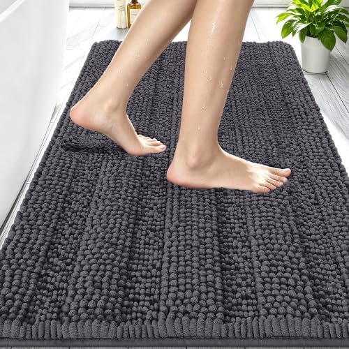 Image of Smiry Thick Chenille Bathroom Rugs 30x20, Absorbent Bath Mat, Dark Grey | Quick‑Dry & Machine Washable, Non‑Slip Bath Carpet, Soft Striped Bath Rugs for Tub & Shower, Modern Home Decor Accessories