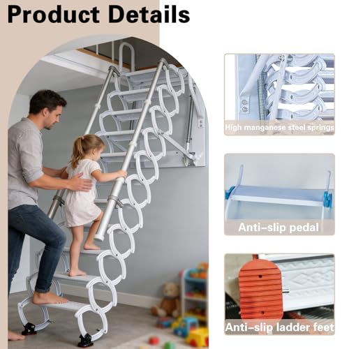 Image of 11 Steps Attic Stairs,Wall Mounted Folding Loft Ladder,Retractable Collapsible Stairs,Extension Steps Ladder with Armrests,Telescoping with Pulldown System (White, Step 11)