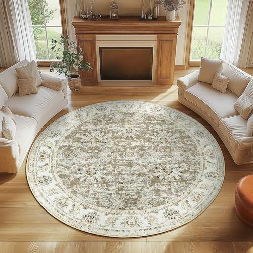 jinchan Fiora Round Rug 8ft Area Rugs - Vintage Floral Distressed Design Machine Washable Non-Slip Low-Pile Ultra-Thin Circle Rug for Living Room Dining Room Bedroom Farmhouse (8' Round, Tau