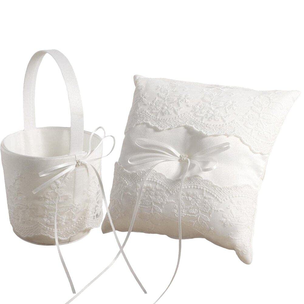 Flower Girl Basket and Ring Bearer Pillow Set, Romantic Satin Wedding Ring Pillow and Flower Baskets for Wedding Anniversary Party Decoration