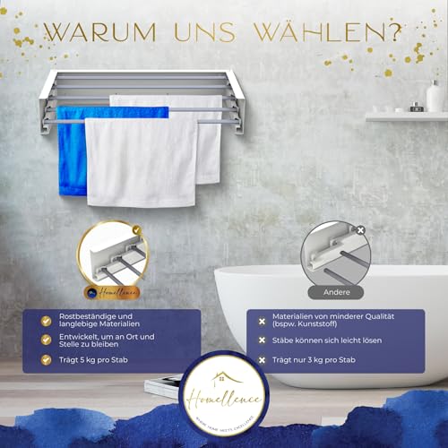 Homellence - Eleganter Wäscheständer Wand ausziehbar - Wandwäschetrockner ausziehbar platzsparend - Robuster Wäschetrockner Wand - Wäscheständer Wandmontage mit 3,50m Trockenlänge (70 cm, Weiß)