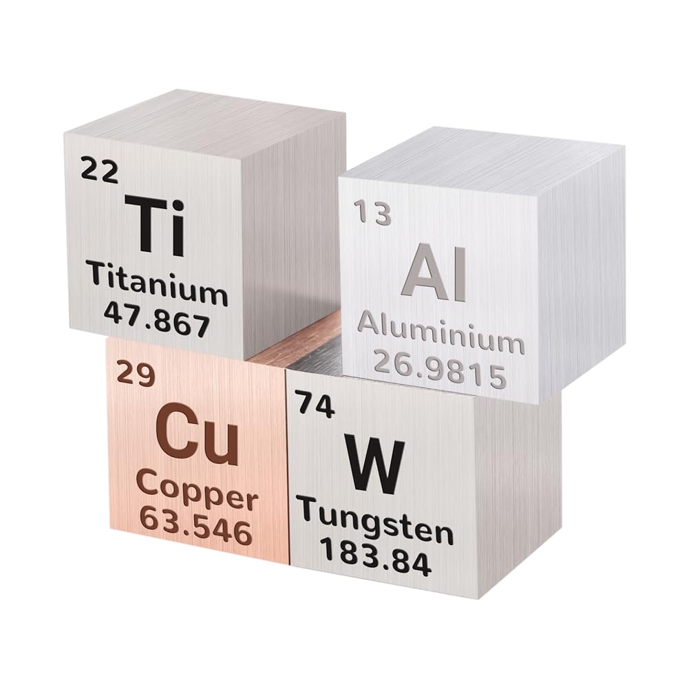 Rfeeuubft As Shown 4Pcs Element Cube Set - 10Mm Element Cubes Aluminum Titanium Copper Tungsten Metal Dice For Element Periodic Table
