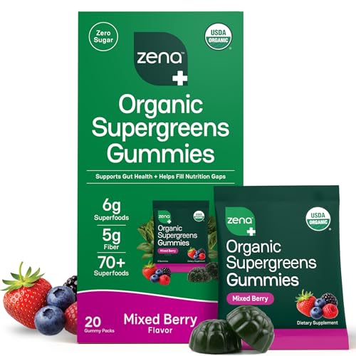 Image of Zena Nutrition Organic Super Greens Gummies, 70+ Superfoods, 0 Sugar, 5g Fiber, Spirulina, Chlorella, Prebiotics /Probiotics, Digestive Enzymes, Gut Health, Mixed Berry, 100 Gummies, 20 Servings