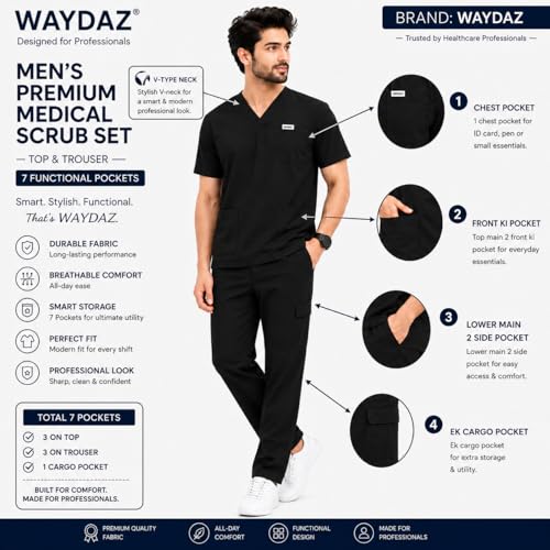 Image of Unisex Medical Scrub Suit Set, V-Neck Top with Pants, Short Sleeve, Polyester Cotton Blend, 7 Pockets, Regular Fit, Hospital Doctor Nurse Uniform
