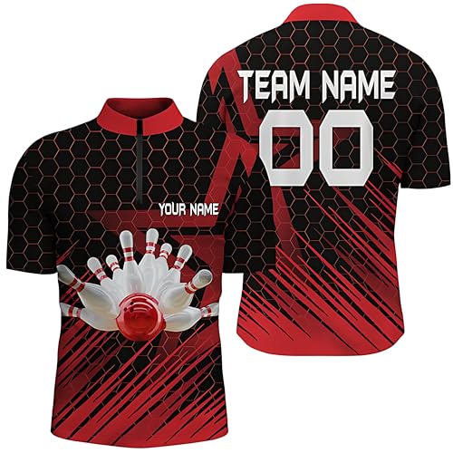 Red Bowling Shirt for Men Personalized Quarter Zip Bowling Jersey 3D Bowling Team Shirt for Men Q5140