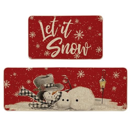Artoid Mode Red Let It Snow Snowflake Snowman Winter Kitchen Mats Set of 2, Christmas Decor Low-Profile Kitchen Rugs for Floor - 17x29 and 17x47 Inch