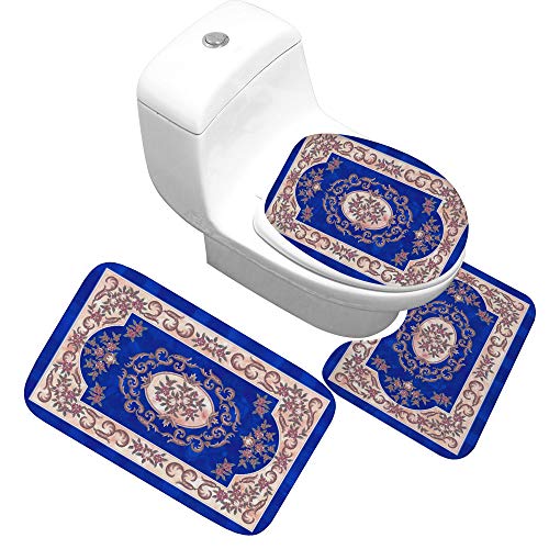 Badteppich Set,Badematten Teppich-Set 3 Stück Bohemian Persia Blau 3D-Druck Rutschfeste Badematten Weiche Mikrofaser…