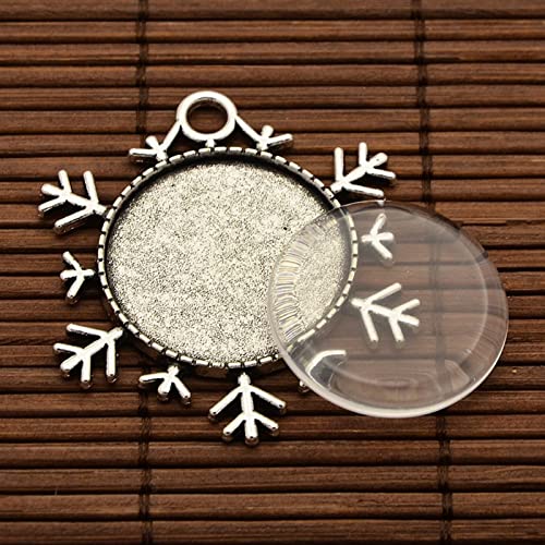 Pandahall 5Sets Antique Silver 25Mm Diy Photo Snowflake Pendant Makings Set With Pendant Cabochon Bezel Blank Settings & Transparent Clear Half Round/Domed Magnifying Glass Cabochon #TOP4