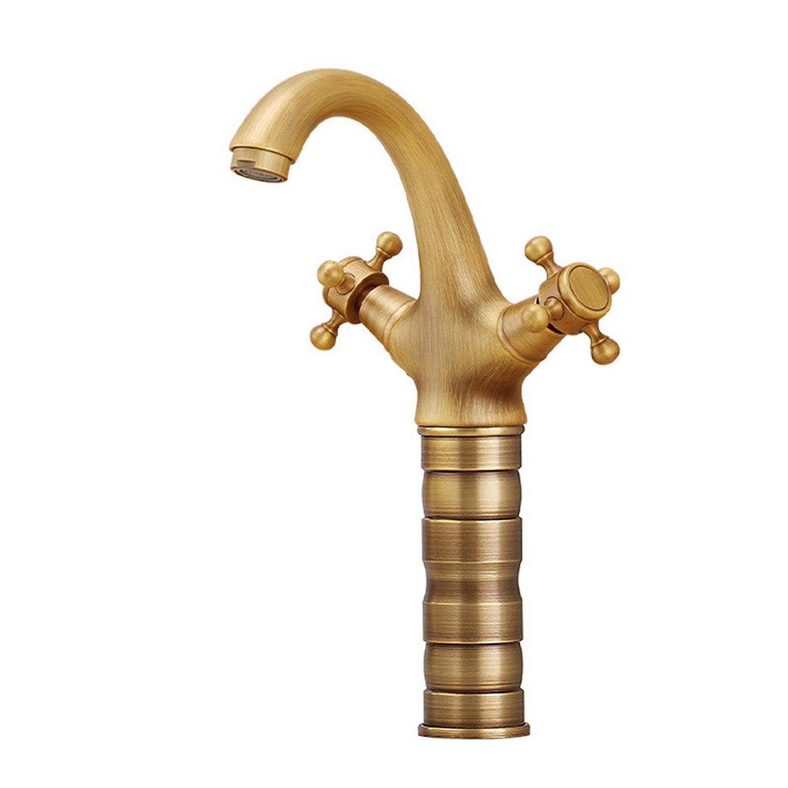 FQWNCIEG High Rise Gooseneck Basin Tap Antique Brass Dual Crosshead Levers Single Hole Deck Mounted Bathroom Basin Mixer Tap