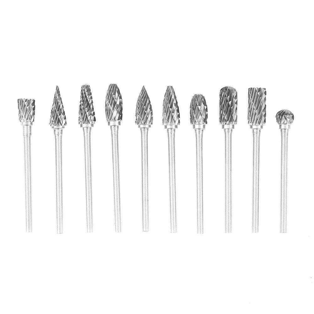 Jeu de 10 fraises en acier, fichiers en acier au carbure de tungstène, fraises rotatives, solide, tige de 2,35 mm / 0,1 pouce pour outils électriques ou pneumatiques, machines-outils