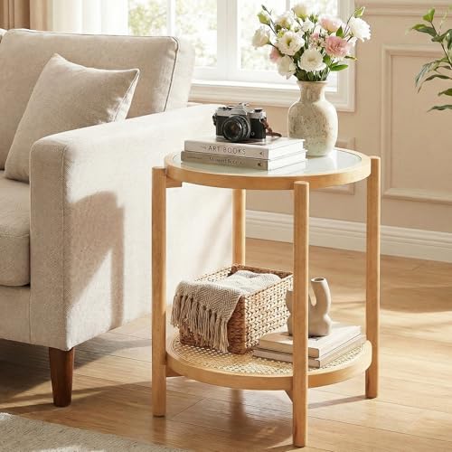 Giantex Rattan Round Side Table 2-Tier Boho End Table w/Tempered Glass Top Storage Shelf & Acacia Wood Legs Accent Coffee Tables Bedside Night Stand for Bedroom Living Room Small Space (Natural 1)