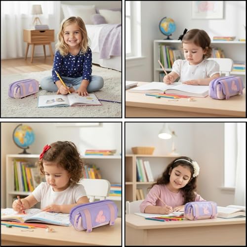 Image of Kawaii Cute Aesthetic Pencil Case for Students | Large Capacity Multi-Pocket Pencil Pouch with Zipper | Cartoon Stationery Organizer Bag for School, College & Office Supplies (Purple)
