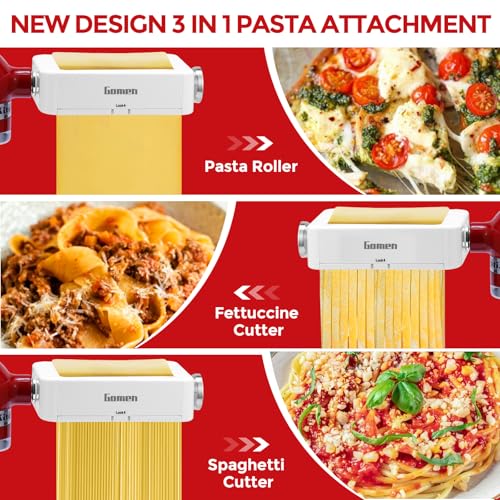 Image of Gomen Pasta Maker Attachment For KitchenAid Stand Mixer, 3 In 1 Pasta Roller & Cutter Attachment Set, Homemade Pasta Sheet, Spaghetti & Fettuccine Cutter Pasta Maker Accessories