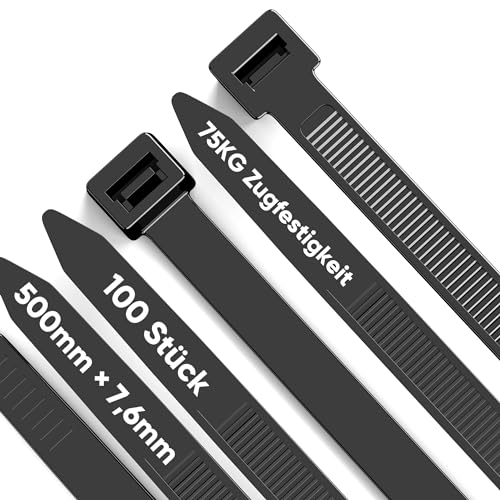 Highwings 100 Stück Kabelbinder Schwarz 500mm × 7 6mm 75kg Zugfestigkeit Nylon Kabelbinder Wiederverschließbar Halter Stark Selbsthemmend für Familie Werkstatt Garten Kabelmanagement