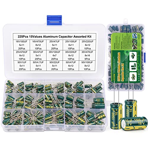 BEEYUIHF 225 Pièce 15 valeurs Condensateurs Électrolytiques Kit Assortiment Aluminium Condensateur de 1uF à 470uF Lot de Electrolytique Capacitor Cover