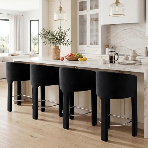Image of HNY Modern Barrel Bar Stools Set of 4, 26 Inch Upholstered Velvet Counter Height Barstools with Back and Armrests, for Kitchen Island, Home Bar, Dining Room, No Assembly, Black