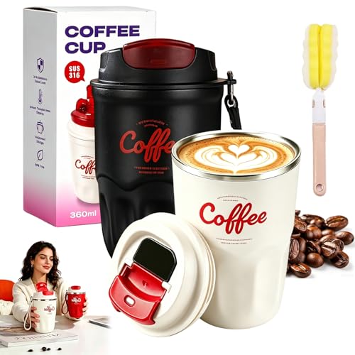 Image of GDSAFS Coffee Vacuum Flask, 12 OZ Insulated Coffee Travel Mug with Led Digital Temperature Display, Coffee Travel Mug Spill Proof with Carry Cord for Keep Hot /Ice Coffee,Tea and Beer (2pcs-base-a)
