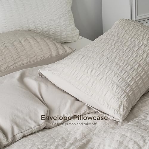 Image of JELLYMONI Seersucker Duvet Cover Set Full, 3pcs Oatmeal Polyester | In Guest Room & Studio, Single Upgrades Pick, Crinkled Texture, Oeko-Tex Certified, 8 Corner Ties & Hidden Zipper